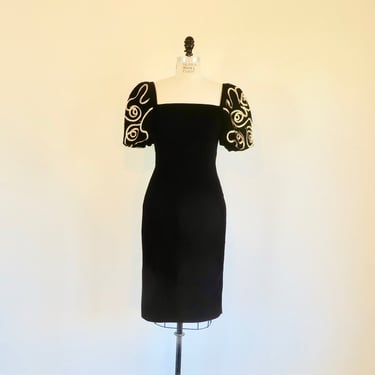 1980's Black Velvet Body Con Sheath Dress Balloon Sleeves Gold Soutache 80's Evening Formal Party Holiday Fall Winter Leslie Fay Small Med 