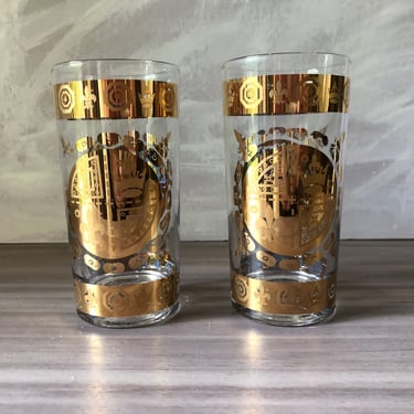 Set of 6 MCM Vintage Tall Drinking Glasses Red and Gold Scroll and Fleur De  Lis Pattern 