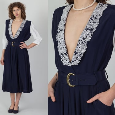 80s Navy Belted Deep V Midi Dress - Medium to Large | Vintage 3/4 Sleeve Lace Collar Pocket Secretary Dress 