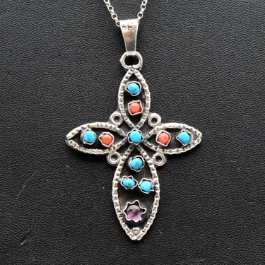 80's Taxco cross pendant 925 silver turquoise carnelian amethyst, edgy Mexico TY-70 sterling rolo chain necklace 