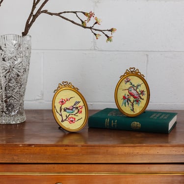 rare pair of turn of the century French Louis XVI brass frames with 1920s petit point &quot;oiseaux chinoiserie&quot;