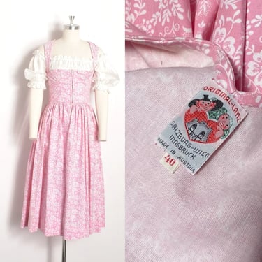 Vintage 1950s Dress / 50s Lanz Floral Cotton Dirndl / Pink White ( small S ) 