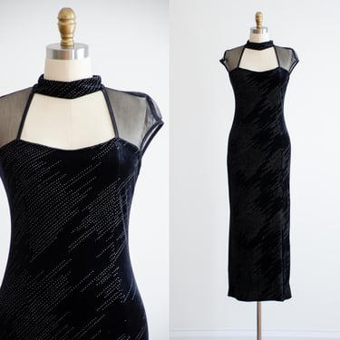 black velvet maxi dress 90s y2k vintage silver glitter sheer mesh cutout tight stretchy velvet floor length gown 