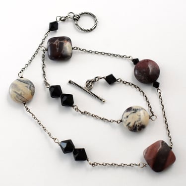 Mod 70's sterling black veined rhodonite black crystal choker, edgy 925 silver bicones square & round discs necklace 
