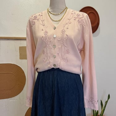 Vintage 90s Pale Pink Embroidered Floral Button Front Knit Cardigan Sweater - L 