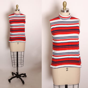 1970s Red, White and Blue Striped Sleeveless Blouse by Sears -S 
