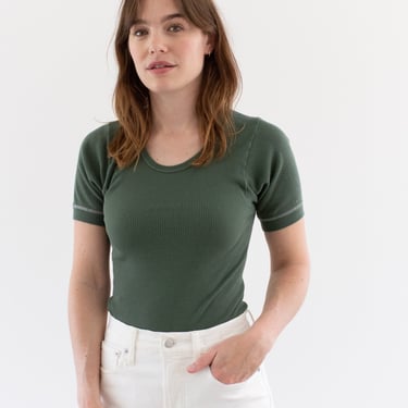 The Berlin Tee in Eucalyptus | Vintage Ribbed Tee T Shirt | Contrast Stitch Rib Knit Tee | 100% Cotton | XS S 