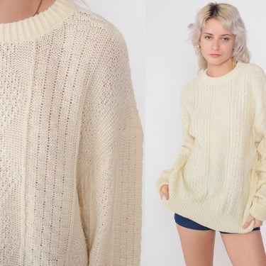 Cream Sweater 80s Chunky Knit Pullover Sweater Textured Diamond Jumper Pullover Crewneck Retro Simple Acrylic Vintage 1980s Large 