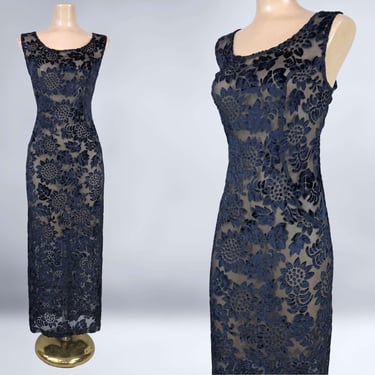 VINTAGE 90s Midnight Blue Sheer Burnout Velvet Maxi Dress | 1990s See Through Floral Over Dress | VFG 