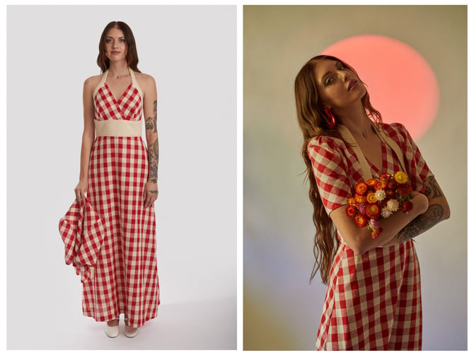 Vintage 1970s 70s Arpeja Young Innocent Red Gingham Halter Maxi Gown Short Bolero Two Piece Picnic Set 