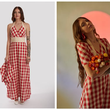 Vintage 1970s 70s Arpeja Young Innocent Red Gingham Halter Maxi Gown Short Bolero Two Piece Picnic Set 