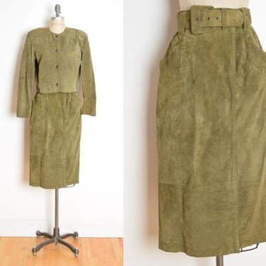 vintage 80s skirt green suede leather jacket suit set high waisted belted M 