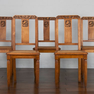 1930s French Art Deco Oak and Cane Dining Chairs - Set of 5 