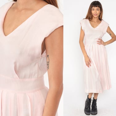 Baby Pink Midi Dress 80s Cap Sleeve V Neck Crisp Pleated Skirt Summer Dress Retro High Waisted Pastel Day Dress Vintage 1980s Small 4 