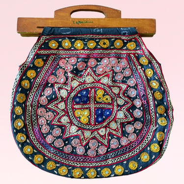 1960s Vintage Indian Embroidererd Shisha Wood Purse, Boheme Hippie Ethnic Rare 60s Handbag 