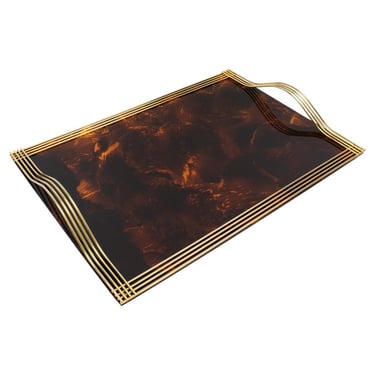 Willy Rizzo Tortoise Lucite and Brass Barware Serving Butler Tray, Italy 1970s