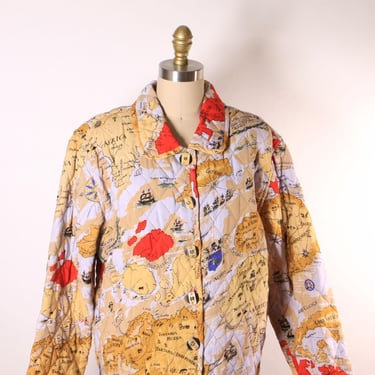 1980s 1990s Multi-Colored Novelty World Map Long Sleeve Quilted Jacket by Alex Kim by Allure -M 