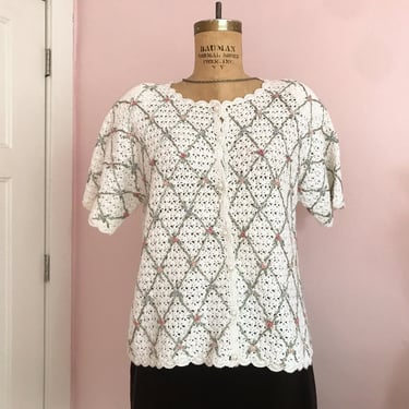 1980's Chunky Knit Scalloped Blouse with Sage Accents 
