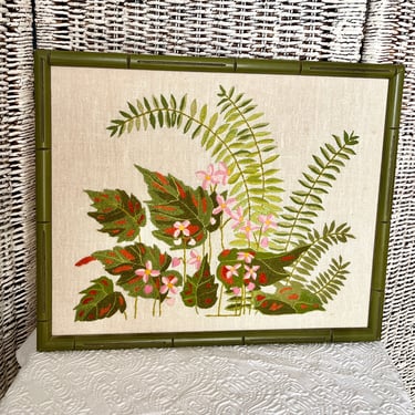 Vintage Embroidery Wall Art, Botanical, Ferns, Greenery, Hand Stitched Crewel, Wood Frame, Home Decor, Framed 