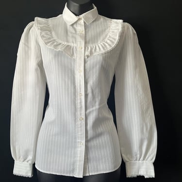 vintage ruffle bib blouse 70s white button down top medium 