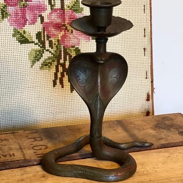 Free Shipping Within Continental US - Snake possibly brass Candle Holder with Ornate floral patina 