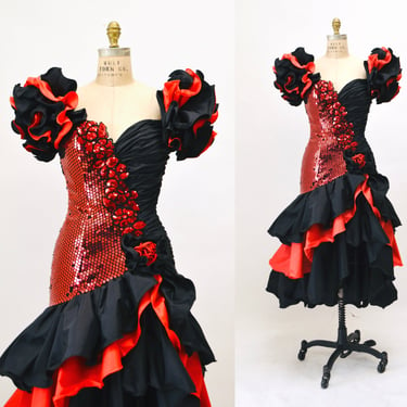 80s Prom Dress with Red and Black Sequins// Vintage 80s Pageant Dress by Alyce Designs XS Small// Vintage 80s Metallic Prom Party Dress 