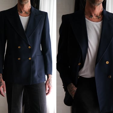 Vintage 70s Yves Saint Laurent Navy Blue Double Breasted Blazer w/ Gold YSL Logo Buttons | Made in France | 1970s YSL Designer Sport Jacket 