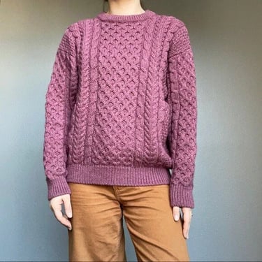 Vintage 80s L.L Bean Purple Wool Irish Fisherman Chunky Knit Crew Sweater Sz M 