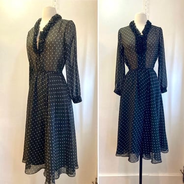 Vintage 70s Dress / SHEER RUFFLED Neckline + Bodice / On Bias Full Skirt + Lined / Drop Like POLKA-Dots / Covered Buttons 