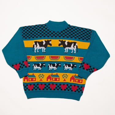 Teal Checkerboard Cow Sweater (L)