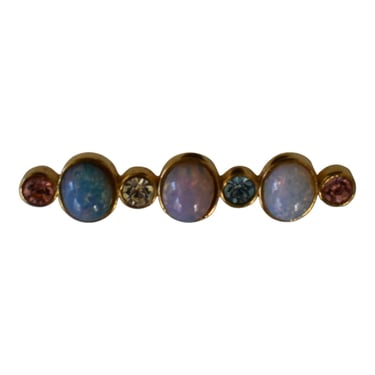 Vintage 80s Givenchy Faux Fire Opal Bar Pin Brooch, Pink, Blue and White Crystals, 2