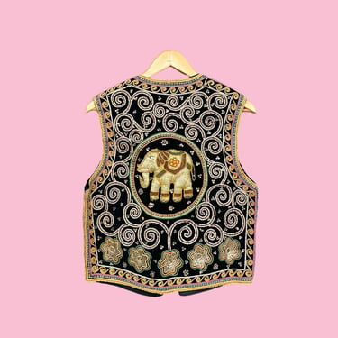 Vintage Embellished Vest Retro 1960s Carol Horn Workshop + Elephant + Beaded + Bohemian + Hippie + Unisex Apparel + Made in Myanmar 
