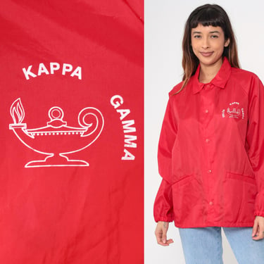 Vintage Delta Kappa Gamma Windbreaker 80s 90s Red Sorority Jacket Thin Snap Up Shell Jacket 1980s Raglan Sleeve Women's Large 