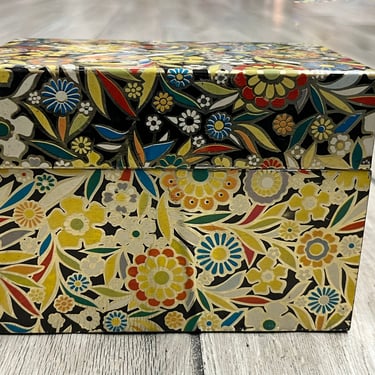 vintage MCM recipe box J. Chein psychedelic floral tin box 