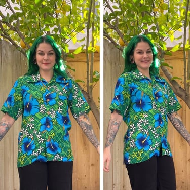 Vintage 1970’s Blue and Green Hibiscus Print Shirt 