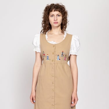 Petite Large 90s Khaki Lighthouse Embroidered Midi Pinafore Dress | Vintage Tan Sleeveless Novelty Apron Dress 