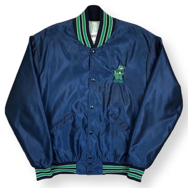 Vintage 80s DeLong Satin Standley Lake Gators Blue & Kelly Green Embroidered Button Up Bomber Jacket Size Large 