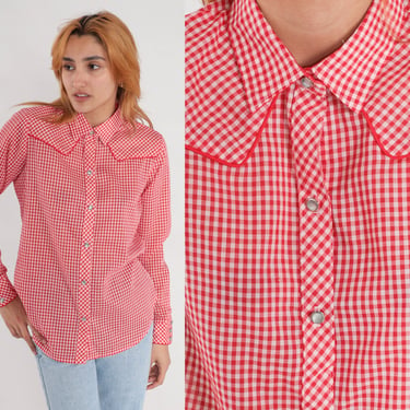 Red Gingham Shirt 80s WESTERN Pearl Snap Checkered Top Yoke Rodeo Long Sleeve Button Up 1980s Plaid Vintage Cowgirl Blouse Medium 