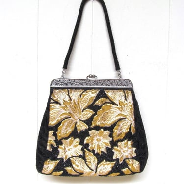 Vintage 1960s Purse, 60s Fancy Beaded Evening Bag, Black and Gold Woven Fabric Top Handle Handbag, VFG 
