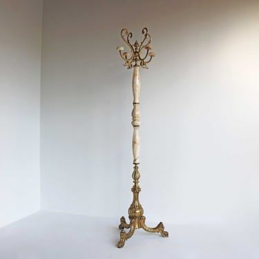 Italian Ornate Brass & Round Onyx Marble Coat Hat Rack Hall Tree Floor Stand Hollywood Regengy Vintage Eyecatcher Classic 1950 1960 