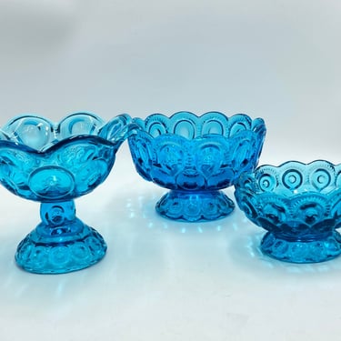L E Smith Glass Blue Moon and Stars Compote, Pedestal Bowl, Candy Dish, Ruffled Scalloped Rim, Vintage Glassware 