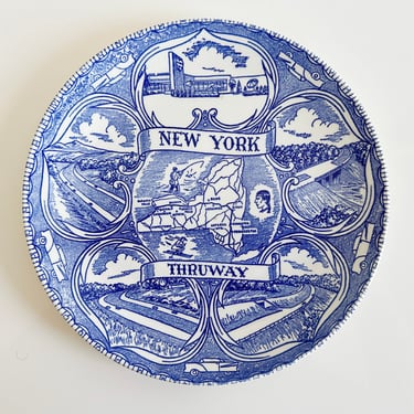 New York Thruway Highway Toll Road Blue & White Souvenir Plate 9.5" Vintage 1950s 