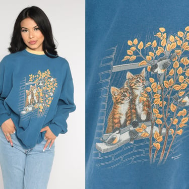 Kitten Sweatshirt 90s Cat Sweater Bird Baby Animal Sweatshirt Graphic Crewneck Kawaii Blue Vintage 1990s Morning Sun Jerzees Extra Large xl 