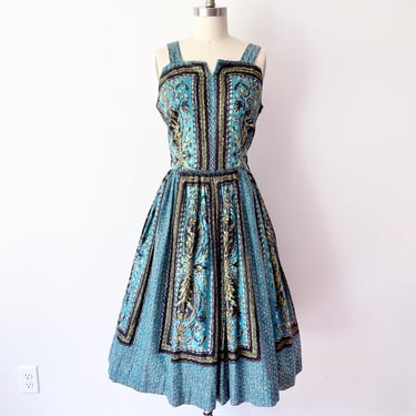 SIZE L / XL  1950s Vintage Square Block Print Dress Teal - Sleeveless Cotton Sateen Dress Fit and Flare Full Skirt Johnnye Jr. 