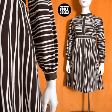 Pretty Vintage 60s 70s Dark Brown White Lines Statement Dress 