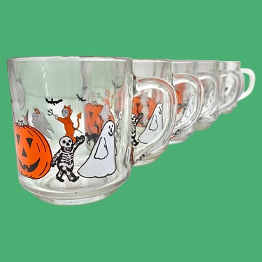 Vintage Luminarc Halloween Mugs Retro 1970s Mid Century Modern + Clear Glass + Ghosts/Pumpkins/Trick or Treat + Set of 6 + Kitchen + France 