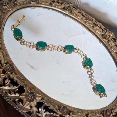 Vintage Dainty Gold Tone Green Floral Beads and Pearls Bracelet 