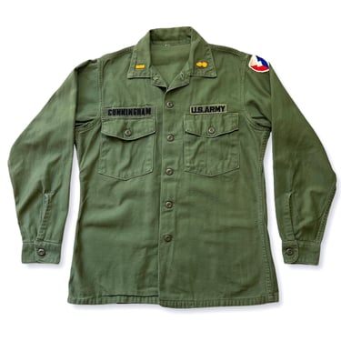 Vintage 1960s OG-107 US Army Utility Shirt ~ fits M ~ Military Uniform ~ Patches / Named ~ Materiel Command Patch ~ Vietnam War 