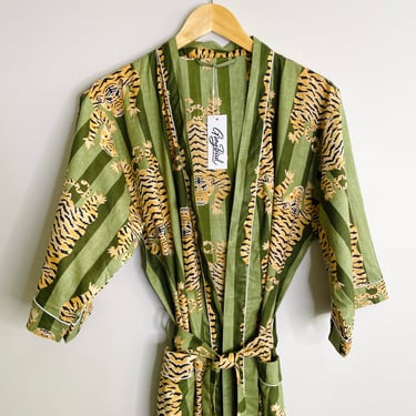 Women's Cotton Kimono Robe | Block Printed | Green Tiger