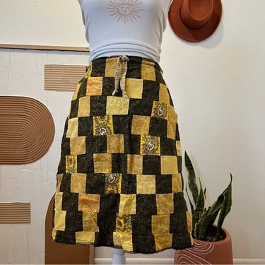 Vintage Handmade Yellow Checkered Patchwork Knee Length Skirt 